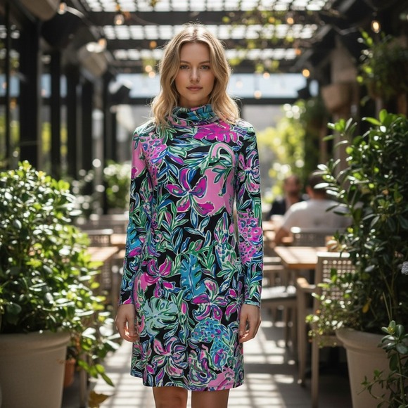 Lilly Pulitzer Dresses & Skirts - Lilly Pulitzer Women XXS Dress Navy Pink Floral UPF 50+ Cowl Neck Pockets Resort